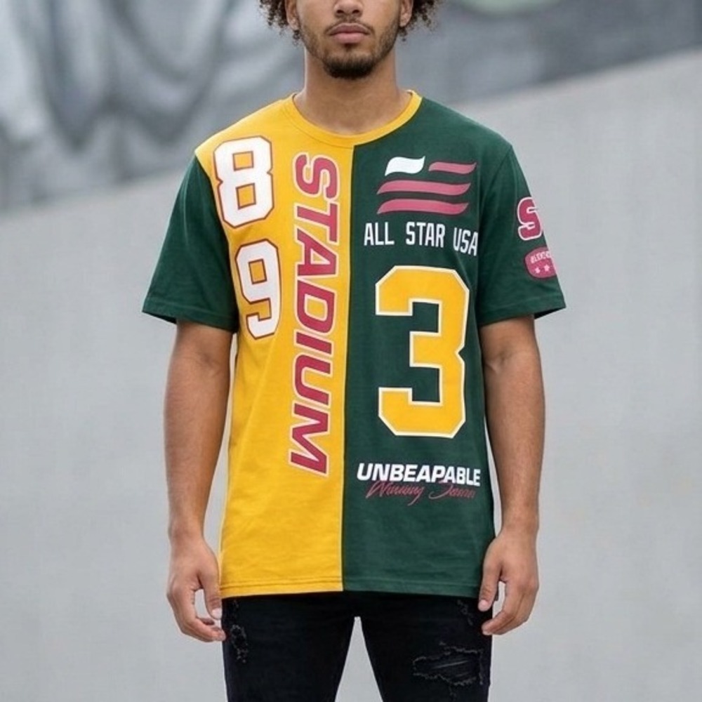 Seven Souls Mens Stadium 89 All Star USA Graphic Tee XL Green Yellow Colorblock